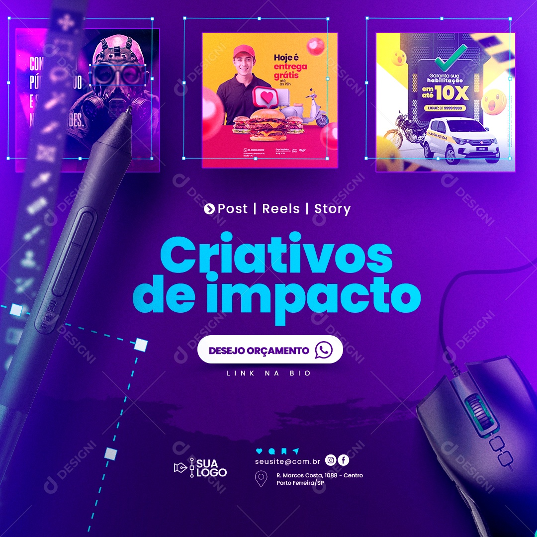 Designer Gráfico Post Reels Story Criativos de Impacto Desejo Orçamento Social Media PSD Editável