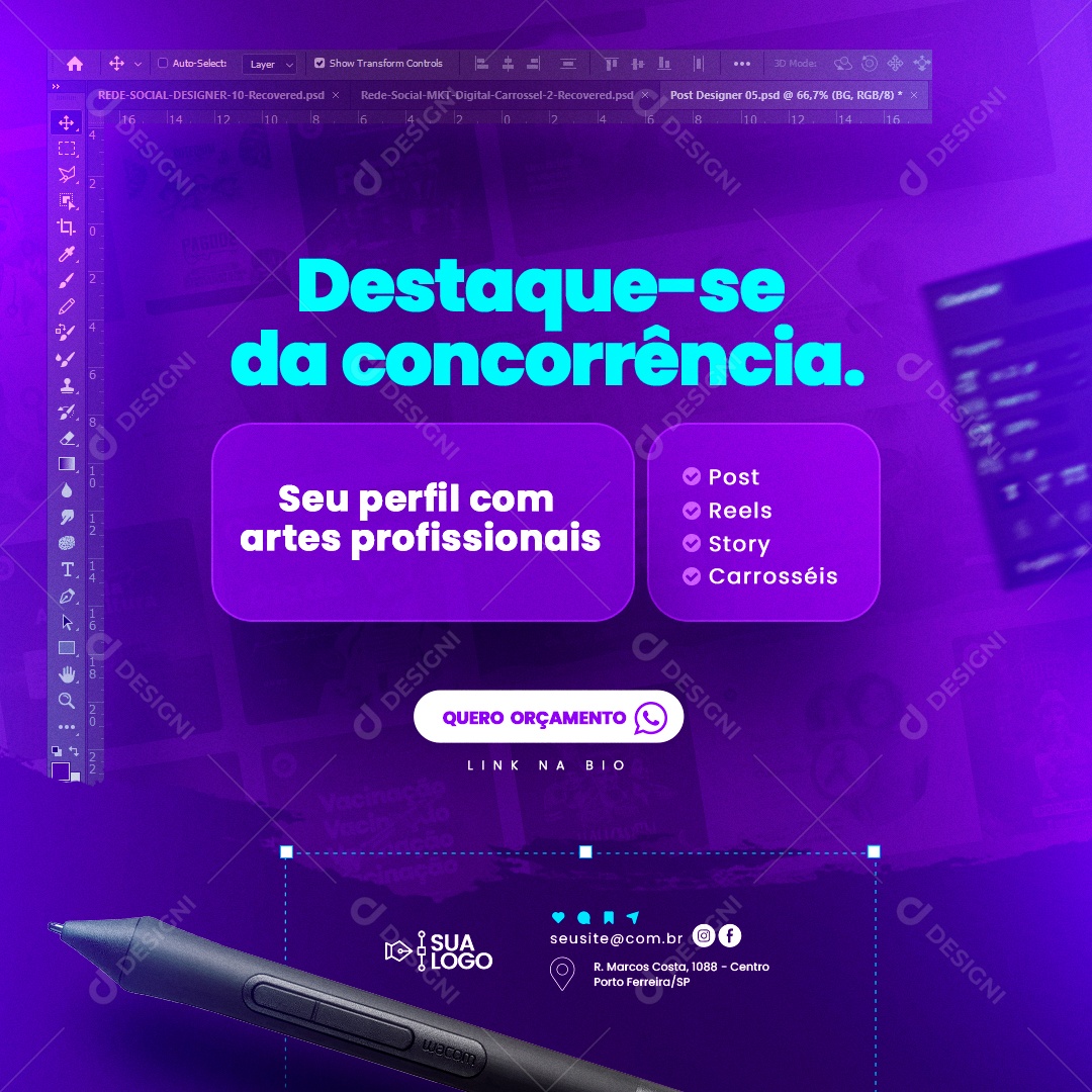 Designer Gráfico Destaque se da Concorrência Post Reels Story Carrosséis Social Media PSD Editável