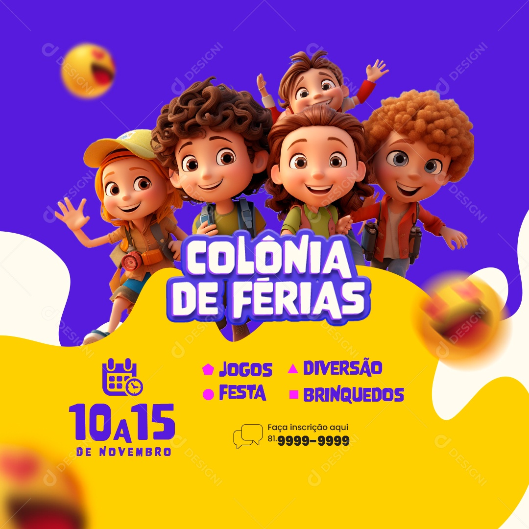 Colônia De Férias Jogos Festa Diversão Brinquedos Social Media  PSD Editável