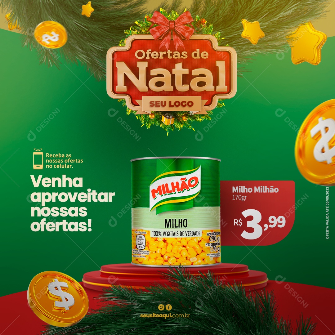 Ofertas de Natal Supermercado Venha Aproveitar Nossas Ofertas Milho Milhão Social Media PSD Editável