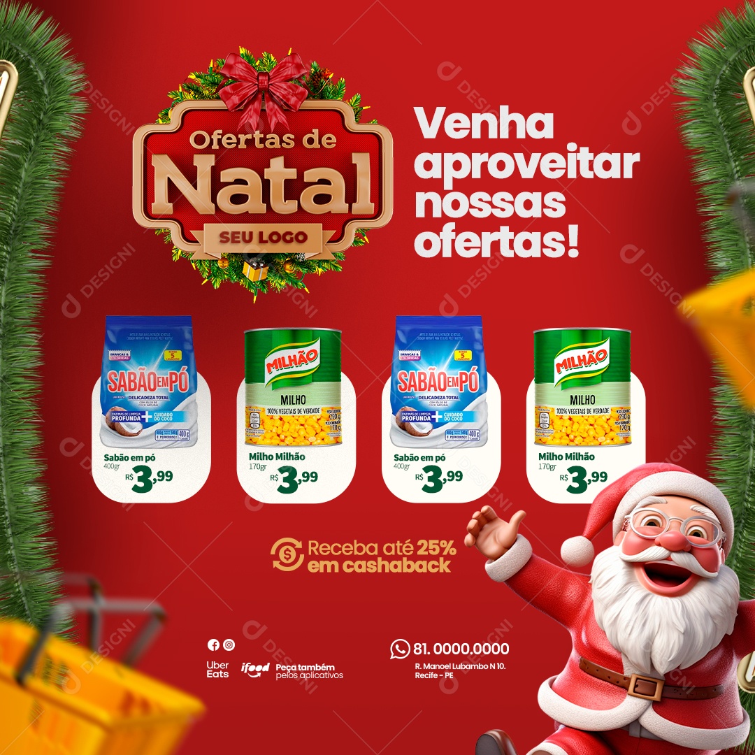 Ofertas de Natal Supermercado Venha Aproveitar Nossas Ofertas Sabão em Pó Lata de Milho Social Media PSD Editável