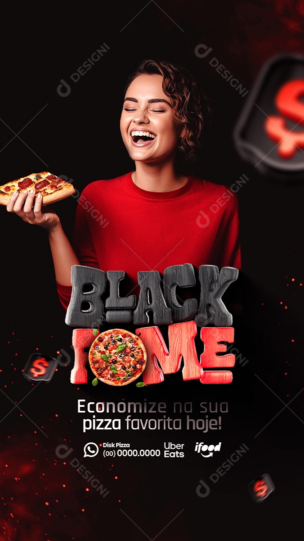 Story Campanha Publicitaria Black Friday Pizzaria Black Fome Economize na sua Pizza Favorita Social Media PSD Editável