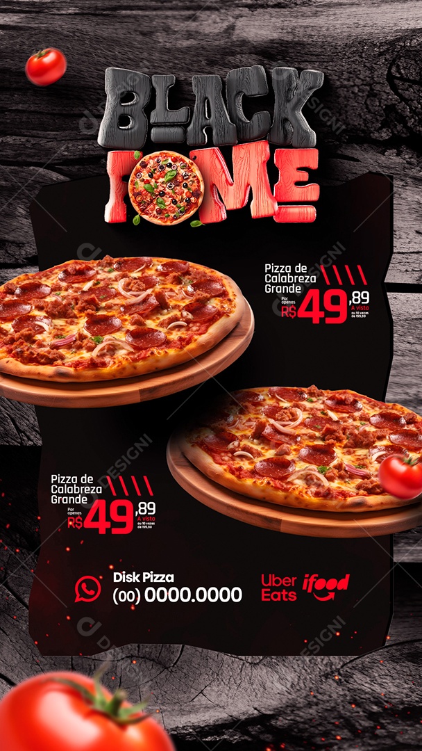 Story Campanha Publicitaria Black Friday Pizzaria Black Fome Pizza de Calabresa Social Media PSD Editável