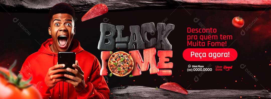 Campanha Publicitaria Black Friday Pizzaria Black Fome Desconto pra Quem tem Muita Fome Web Banner Social Media PSD Editável