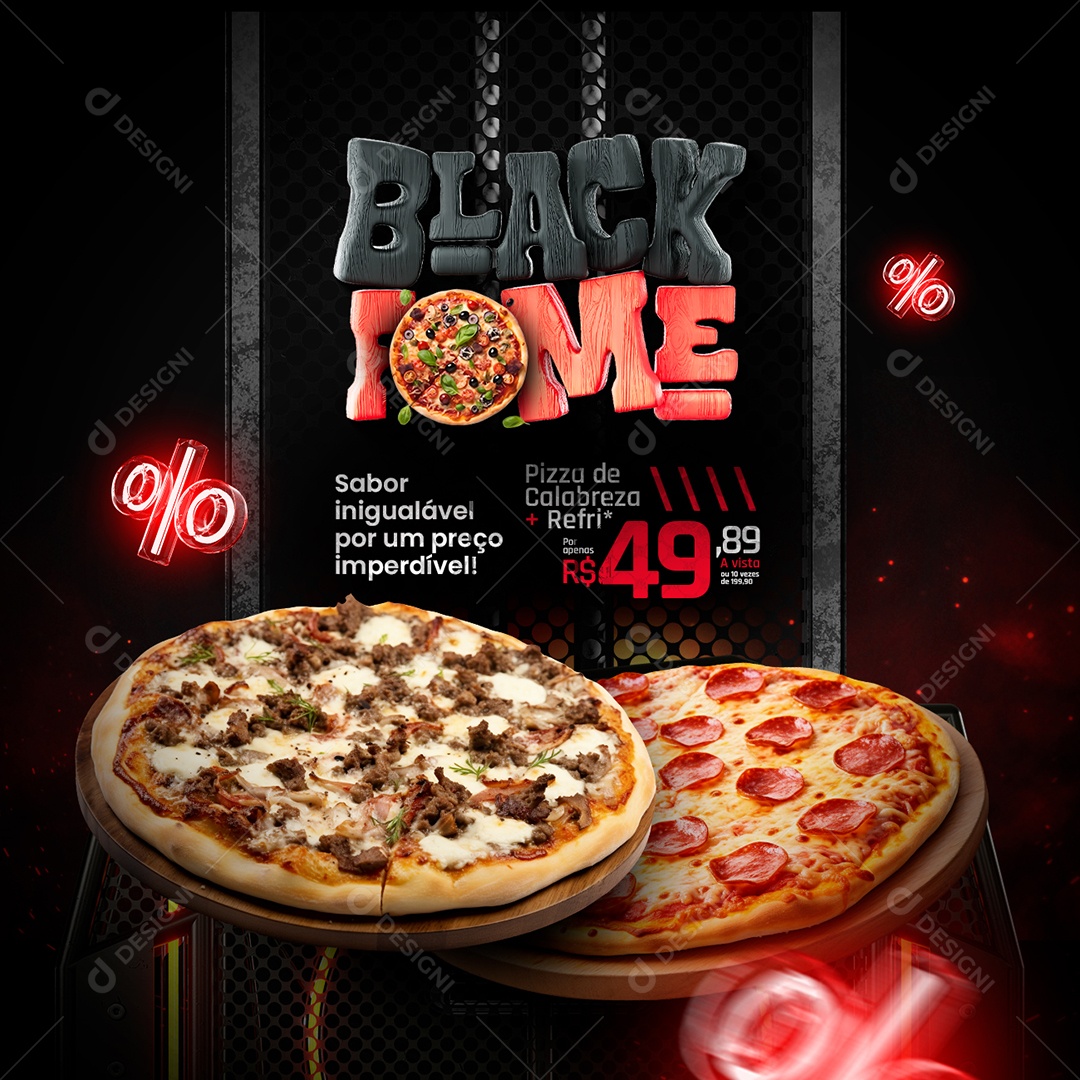 Black Friday Pizzaria Black Fome Pizza de Calabresa Refri Social Media PSD Editável