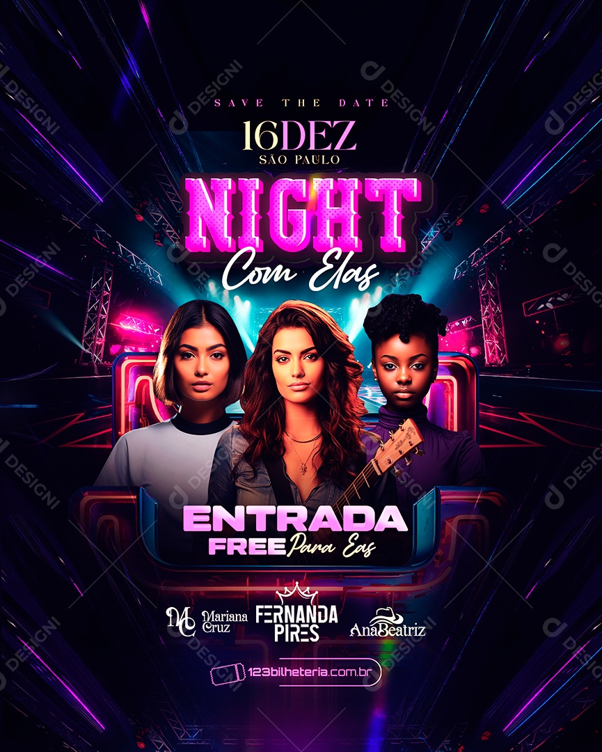Flyer Night Com Elas Mariana Cruz Fernanda Pires Ana Beatriz Social Media PSD Editável