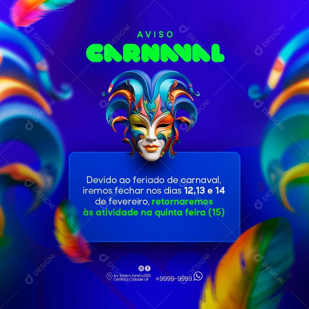 Social Media Feed Aviso Carnaval Retornaremos às Atividades PSD Editável
